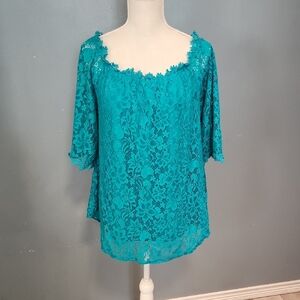 Miholl Rosette Floral Lace Scoopneck Ruffled Flowy Boho Boxy Blouse PreppyFormal